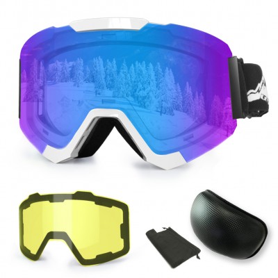 Ski Snowboard Snow Goggles, Magnet Dual Layers Lens with 2 Modeling Lens, Anti-Fog UV400 OTG Protection Sports Ski Goggles Frameless Dual Lens for Men Women Youth Snowmobile Skiing Skating